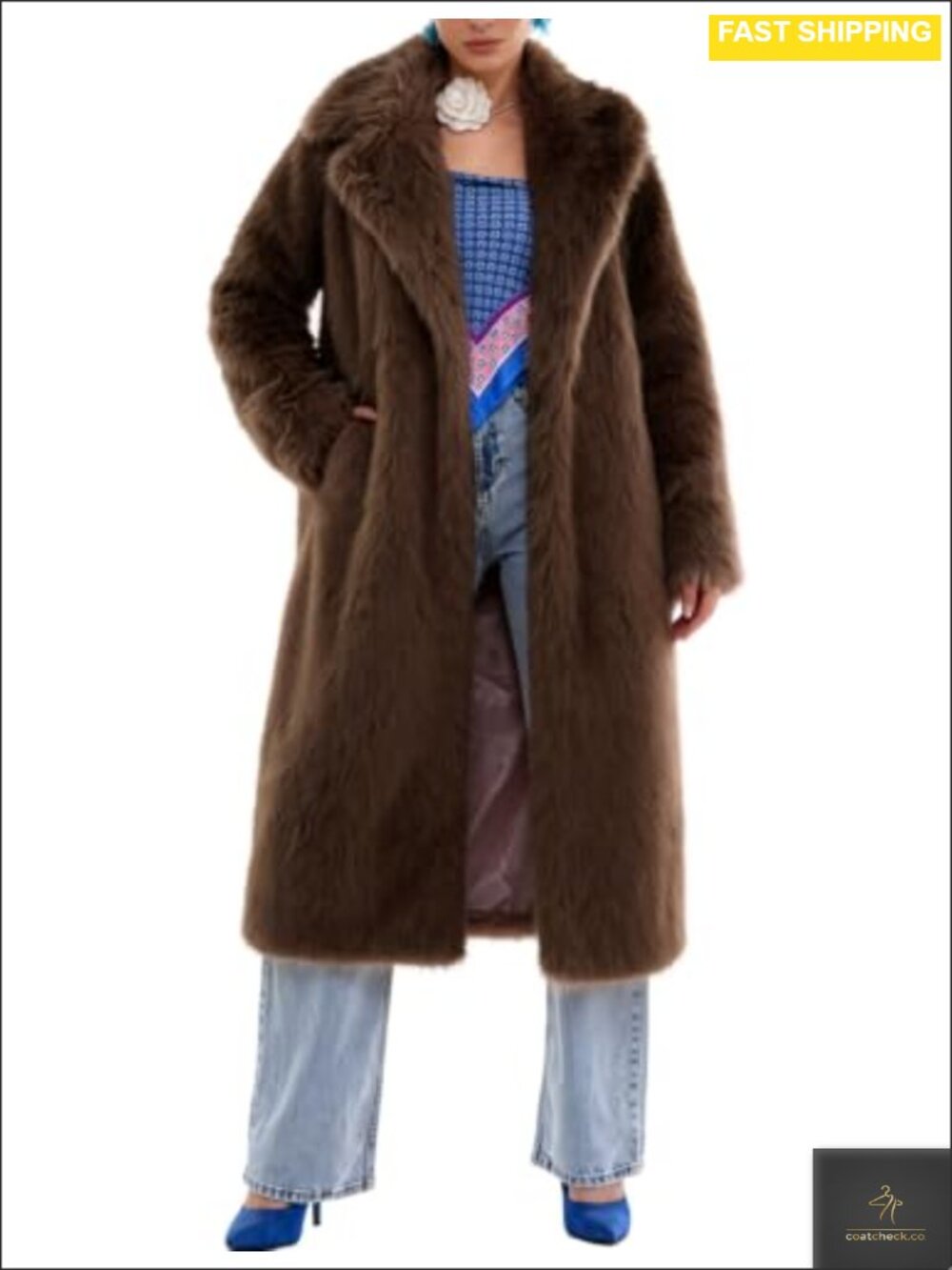 Long Faux Fur Coat Notched Lapel Snap Button Front Mid-Calf Winter Outerwear